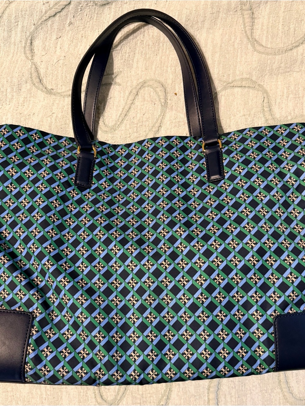 Tory Burch Blue and Navy Geometric Canvas Tote - Picture 3 of 6